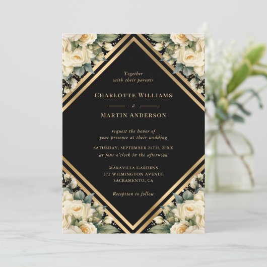 アイボリーブラック金ゴールド幾何学的フローラ結婚ズ 招待状 (スタンド正面)