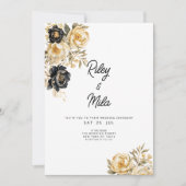 アイボリーブラック金ゴールド牡丹フローララグジュアリー結婚ズ 招待状 (正面)