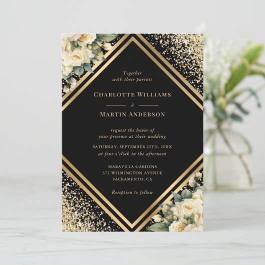 アイボリーブラック金ゴールド紙吹雪幾何学的フローラ 招待状 (スタンド正面)