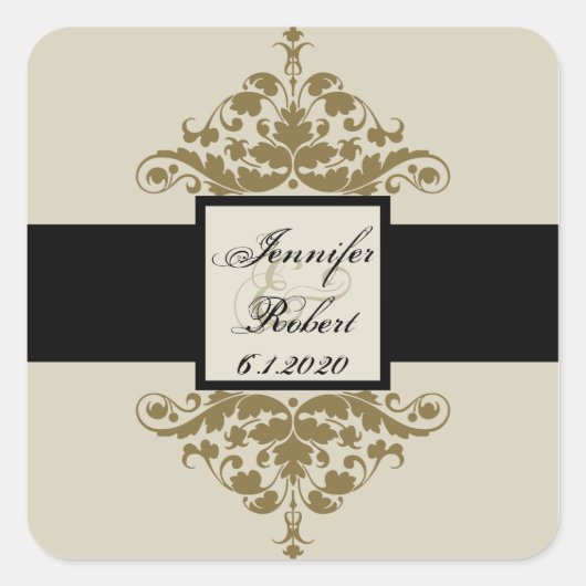 アイボリーブラック&金ゴールドダマスクウェディング封筒用シール スクエアシール (正面)