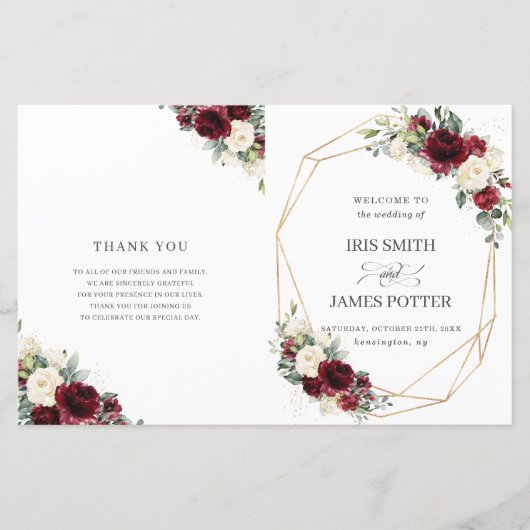 アイボリーブルゴーニュフローラ折り畳み結婚式 プログラム (正面)