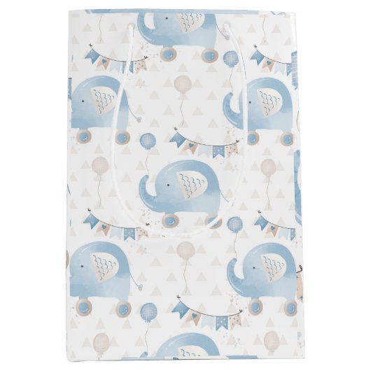 アイボリーブルータウペゾウ風船男の赤ちゃんギフト ミディアムペーパーバッグ (正面)