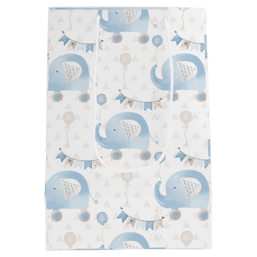 アイボリーブルータウペゾウ風船男の赤ちゃんギフト ミディアムペーパーバッグ (裏面)