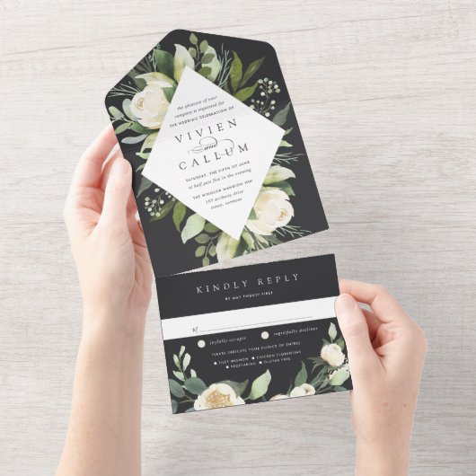 アイボリーブルーム | 水彩花フレーム結婚式 オールインワン招待状 (貼ってはがせる)