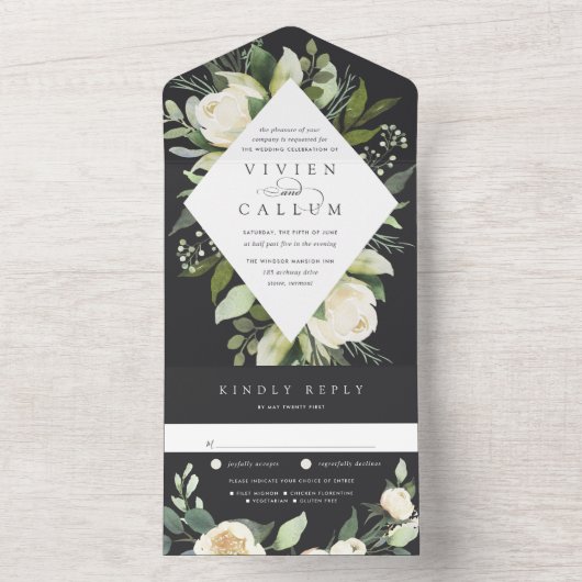 アイボリーブルーム | 水彩花フレーム結婚式 オールインワン招待状 (内側)