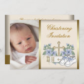 アイボリーブルー金ゴールド男の赤ちゃんフォト《キリスト教》洗礼式や命名式インビタット 招待状 (正面/裏面)