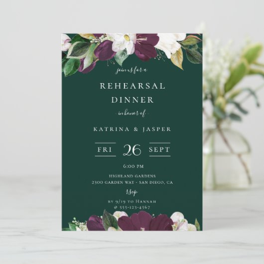 アイボリープラムフローラエメラルドグリーンリハーサルディナー 招待状 (スタンド正面)