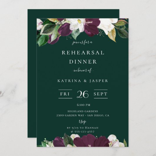 アイボリープラムフローラエメラルドグリーンリハーサルディナー 招待状 (正面/裏面)