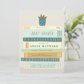 アイボリーベビーシャワー用の青とベビー本 招待状 (スタンド正面)
