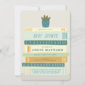 アイボリーベビーシャワー用の青とベビー本 招待状 (正面)