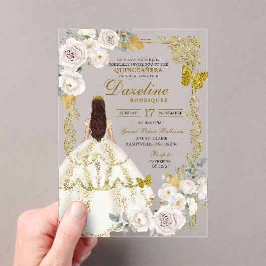 アイボリーベージュ王室のプリンセスキンセアニェラ アクリル招待状 (インサイチュ (ポータブル))