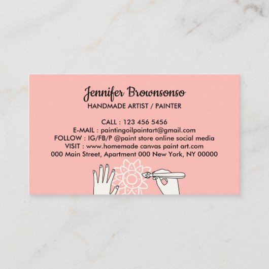 アイボリーベージュ赤面手作りホビーアートオイルペインティング 名刺 (裏面)