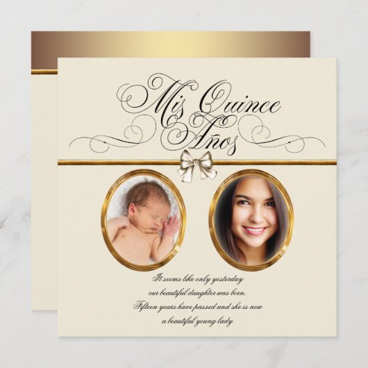アイボリーベージュ金ゴールド写真キンセアニェラ招待状 招待状 (正面/裏面)