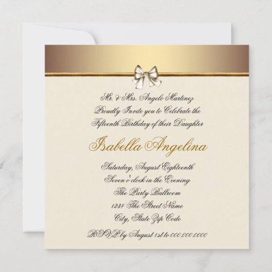 アイボリーベージュ金ゴールド写真キンセアニェラ招待状 招待状 (裏面)