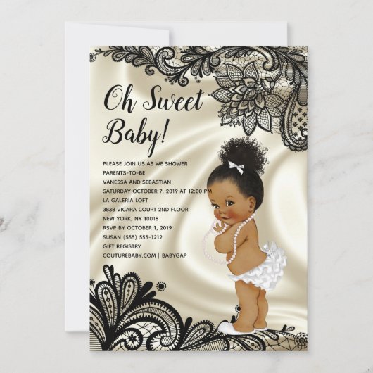 アイボリーホワイトアンドブラックレースのベビーガールシャワー 招待状 (正面)