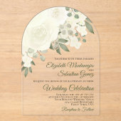 アイボリーホワイトウォーターバラエレガントアーチ結婚ーズ アクリル招待状 (正面)