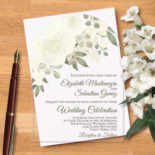 アイボリーホワイトウォーターバラエレガントアーチ結婚ーズ アクリル招待状