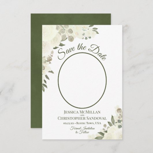 アイボリーホワイトウォーター色フローラオーバルフォト結婚ズ セーブザデート (正面/裏面)