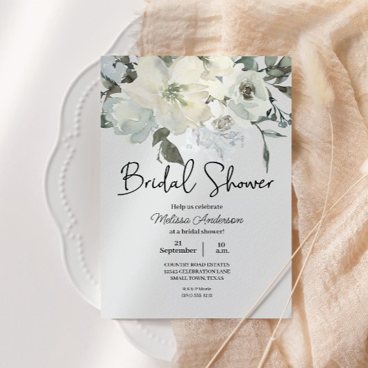 アイボリーホワイトウォーター色フローラブライダルシャワー 招待状