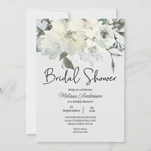 アイボリーホワイトウォーター色フローラブライダルシャワー 招待状 (正面)