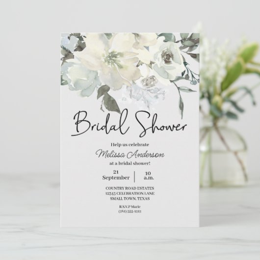 アイボリーホワイトウォーター色フローラブライダルシャワー 招待状 (スタンド正面)