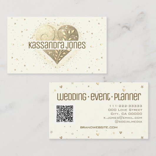 アイボリーホワイトクリームグリッターラブハートシェイプシック 名刺 (正面/裏面)