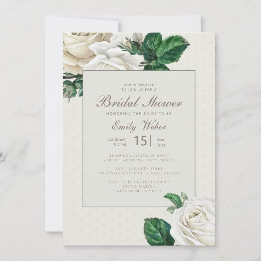 アイボリーホワイトクリームヴィンテージフローラブライダルシャワー 招待状 (正面)