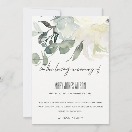 アイボリーホワイトグリーングレーフローラ悔やみや弔慰記念物 サンキューカード (正面)