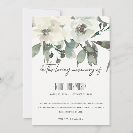 アイボリーホワイトグリーングレーフローラ悔やみや弔慰記念物 サンキューカード (正面)