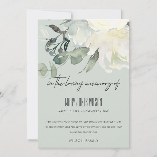 アイボリーホワイトグリーングレーフローラ悔やみや弔慰記念物 サンキューカード (正面)