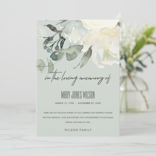 アイボリーホワイトグリーングレーフローラ悔やみや弔慰記念物 サンキューカード (スタンド正面)