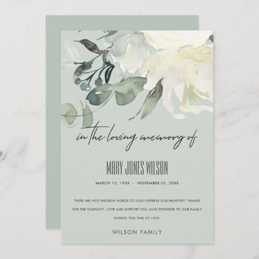 アイボリーホワイトグリーングレーフローラ悔やみや弔慰記念物 サンキューカード (正面/裏面)