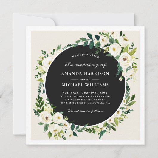 アイボリーホワイトグリーンフローラスクエア結婚 招待状 (正面)