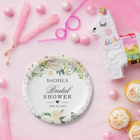 アイボリーホワイトグリーンフローラブライダルシャワー ペーパープレート (パーティー)