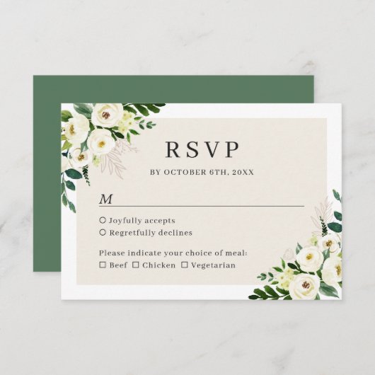 アイボリーホワイトグリーンリーフローラエレガントウェディング 出欠カード (正面/裏面)