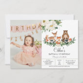 アイボリーホワイトフローラウッドランド動物誕生日写真 招待状 (正面)