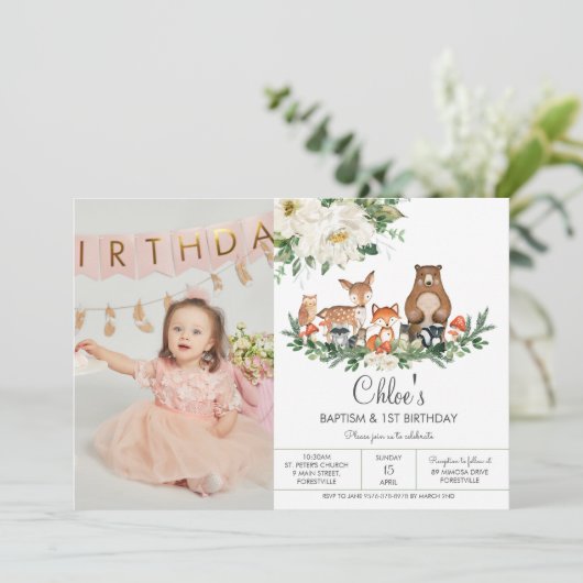 アイボリーホワイトフローラウッドランド動物誕生日写真 招待状 (スタンド正面)