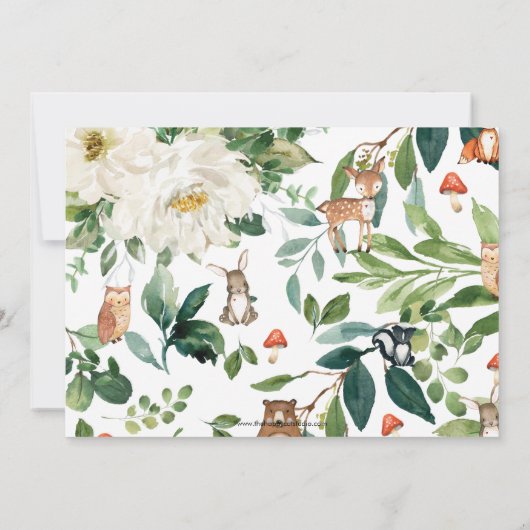 アイボリーホワイトフローラウッドランド動物誕生日写真 招待状 (裏面)