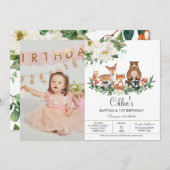 アイボリーホワイトフローラウッドランド動物誕生日写真 招待状 (正面/裏面)