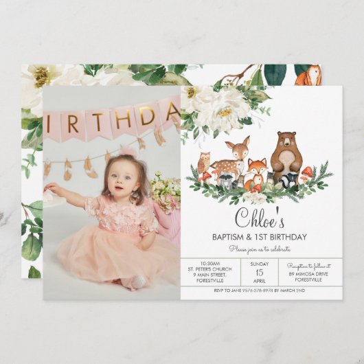 アイボリーホワイトフローラウッドランド動物誕生日写真 招待状 (正面/裏面)