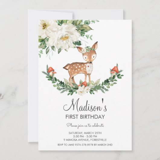 アイボリーホワイトフローラディアファウンウッドランド誕生日 招待状 (正面)