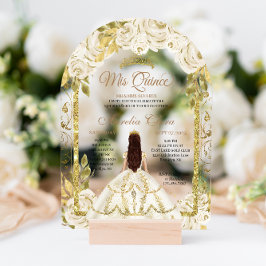 アイボリーホワイトフローラプリンセス金ゴールドアーチキンセアニェラ アクリル招待状