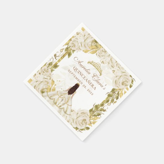 アイボリーホワイトフローラプリンセス金ゴールドアーチキンセアニェラ スタンダードカクテルナプキン (角)