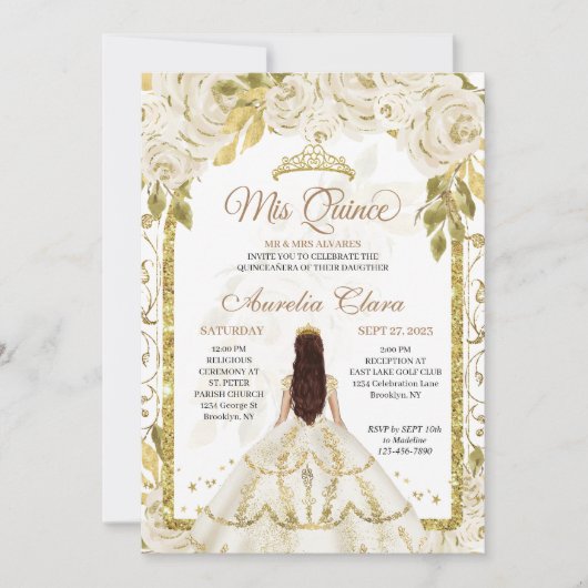 アイボリーホワイトフローラプリンセス金ゴールドアーチキンセアニェラ 招待状 (正面)