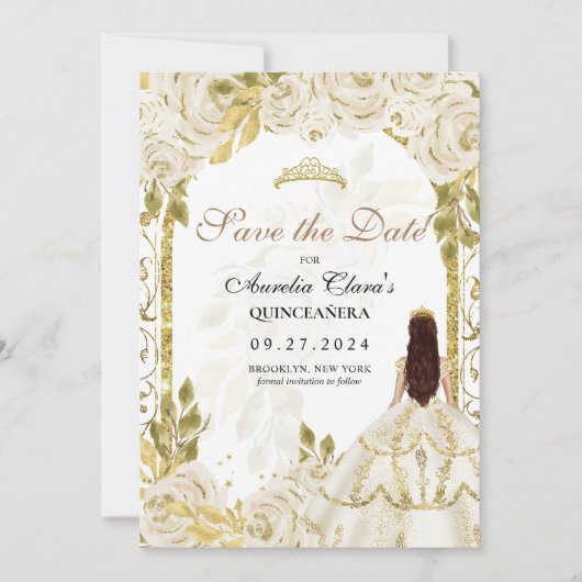 アイボリーホワイトフローラプリンセス金ゴールドアーチキンセアニェラ 案内状 (正面)