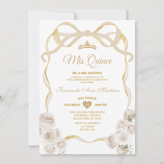 アイボリーホワイトフローラボウリボン金ゴールドミカンス 招待状 (正面)