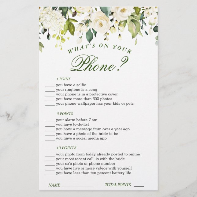 アイボリーホワイトフローラ水彩ブライダルシャワーゲーム (正面)