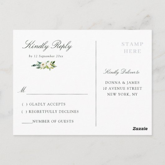 アイボリーホワイトフローラ結婚式RSVP ポストカード (裏面)