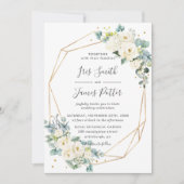 アイボリーホワイトフローラ緑の金ゴールドジオメトリック結婚ス 招待状 (正面)
