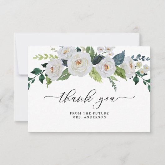 アイボリーホワイトフローラ緑エレガントブライダルシャワー サンキューカード (正面)